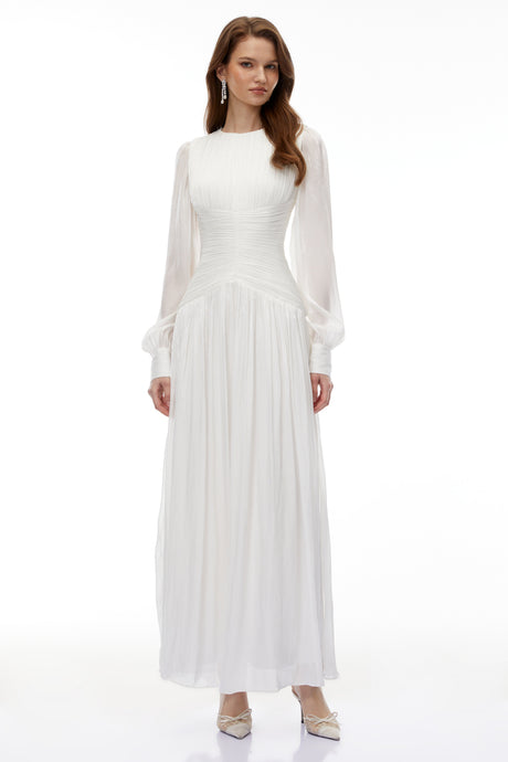 Aurohaya Aneka White High Neck Glossy Ruched Maxi Dress