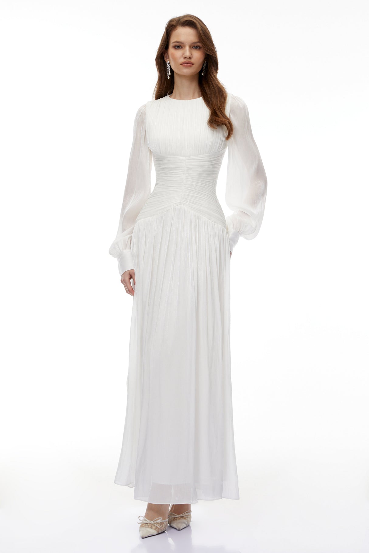 Aurohaya Aneka White High Neck Glossy Ruched Maxi Dress