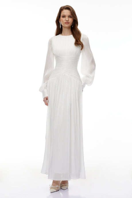 Aurohaya Aneka White High Neck Glossy Ruched Maxi Dress