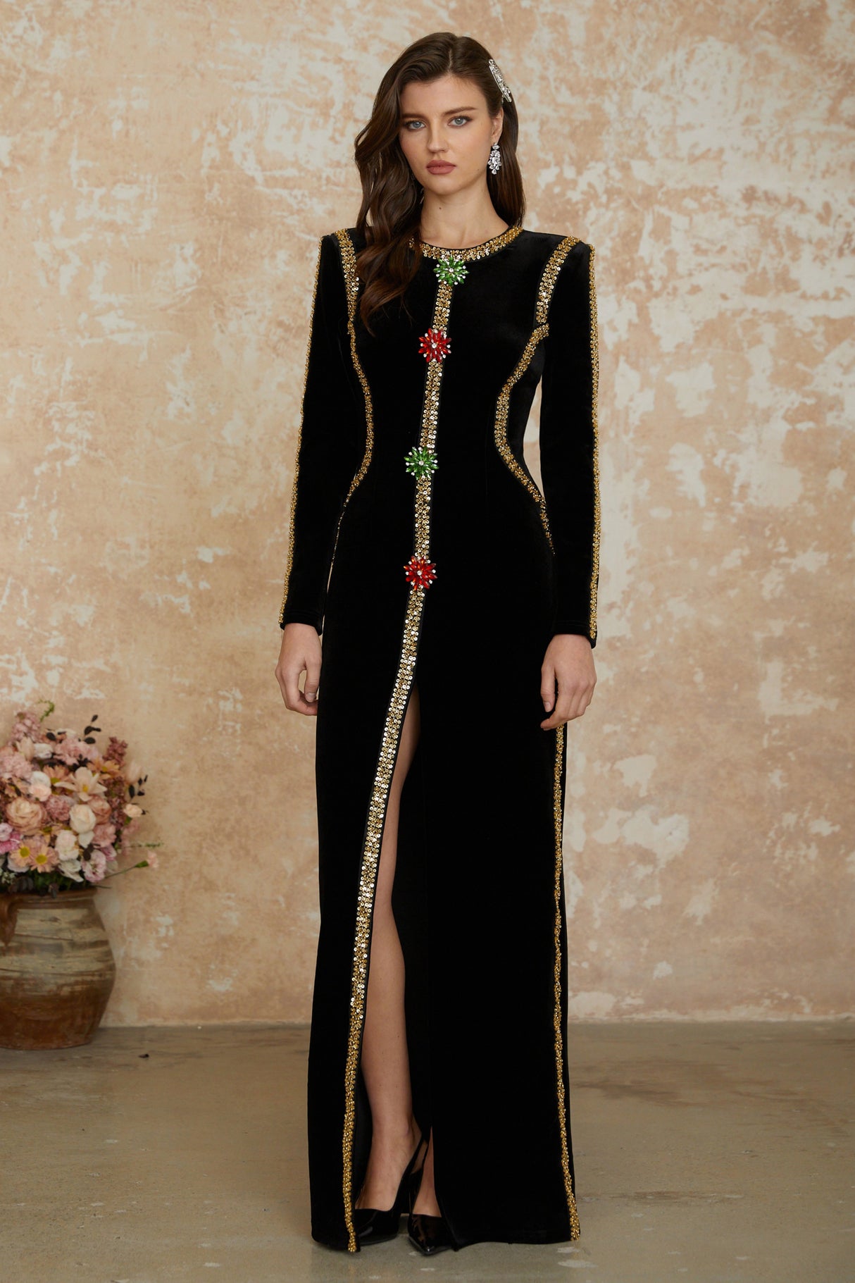 Aurohaya Anna Black Crystal Embellished Front Slit Maxi Dress