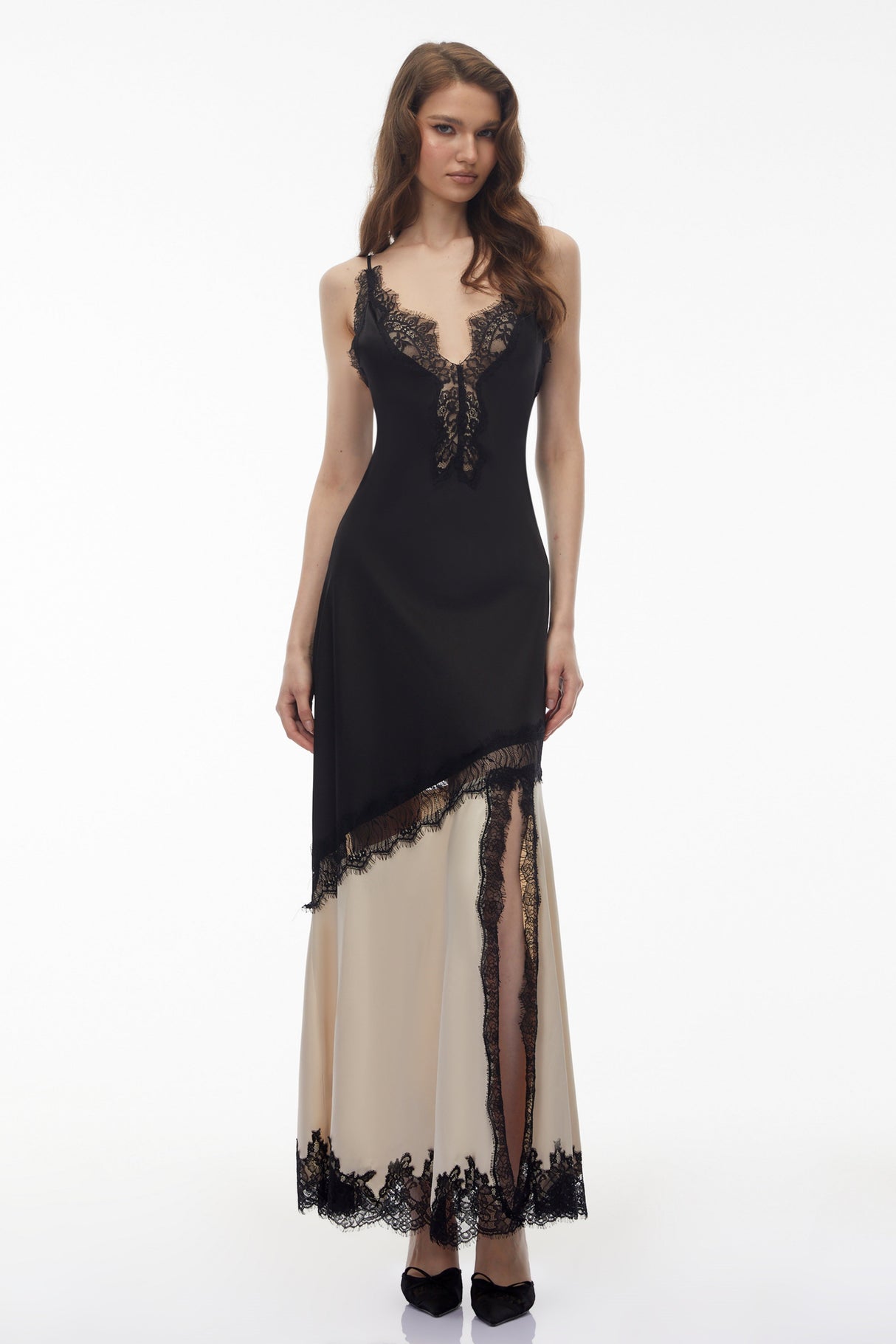 Aurohaya Annabelle Black V-neck Lace Trim Panelled Slit Maxi Dress
