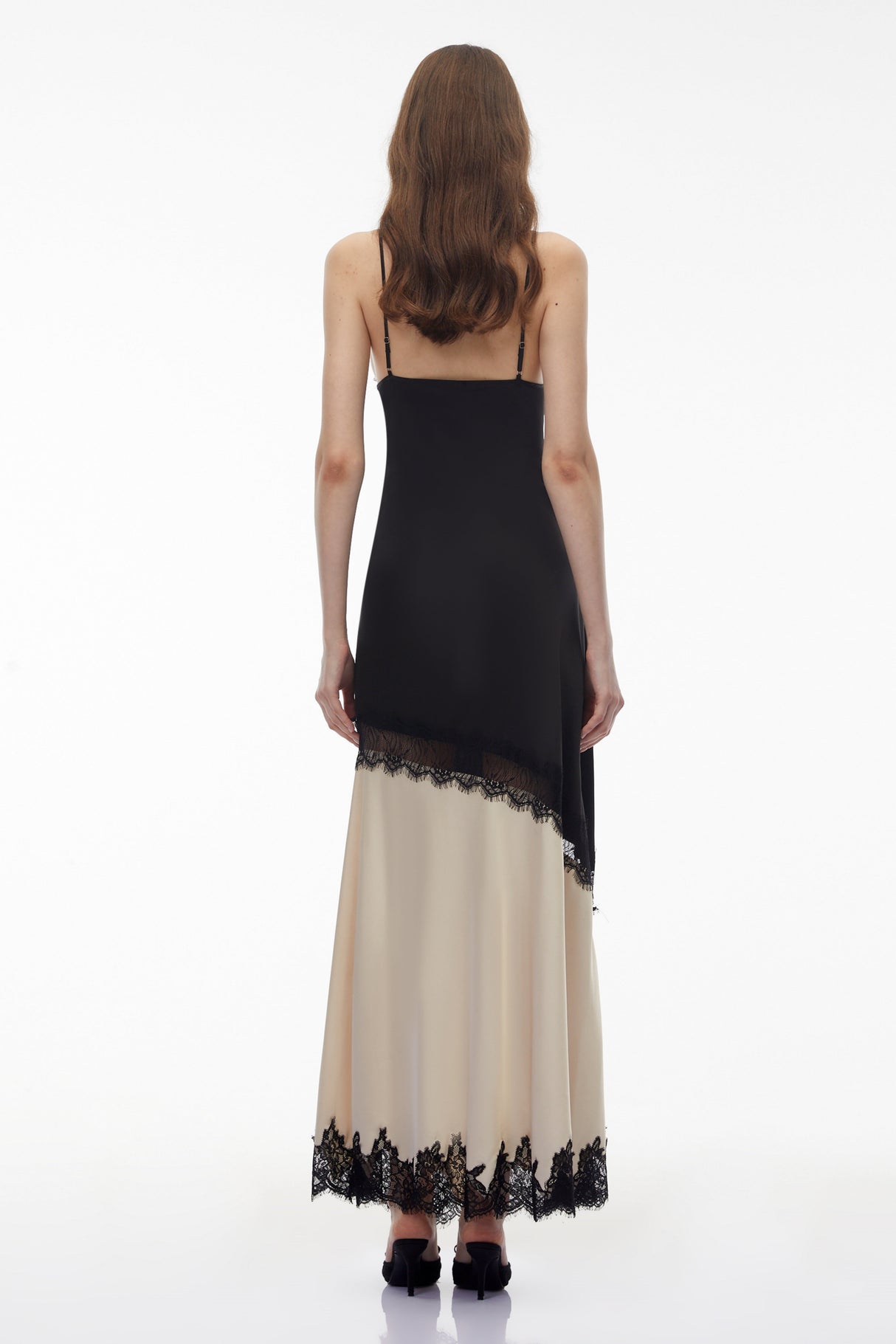 Aurohaya Annabelle Black V-neck Lace Trim Panelled Slit Maxi Dress