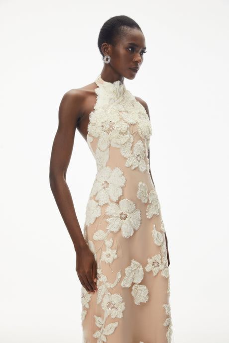Aurohaya Annabelle Champagne Floral Embellished Maxi Dress