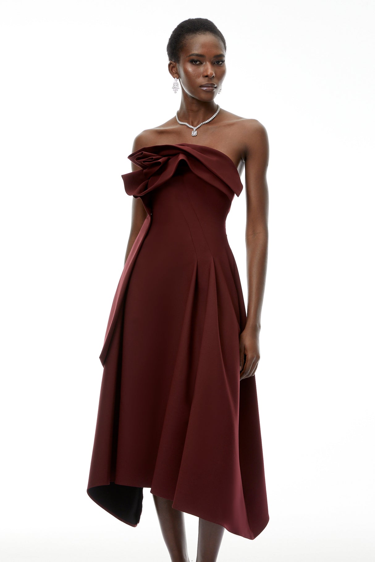 Aurohaya Annika Burgundy 3D Petal Ruched Midi Dress