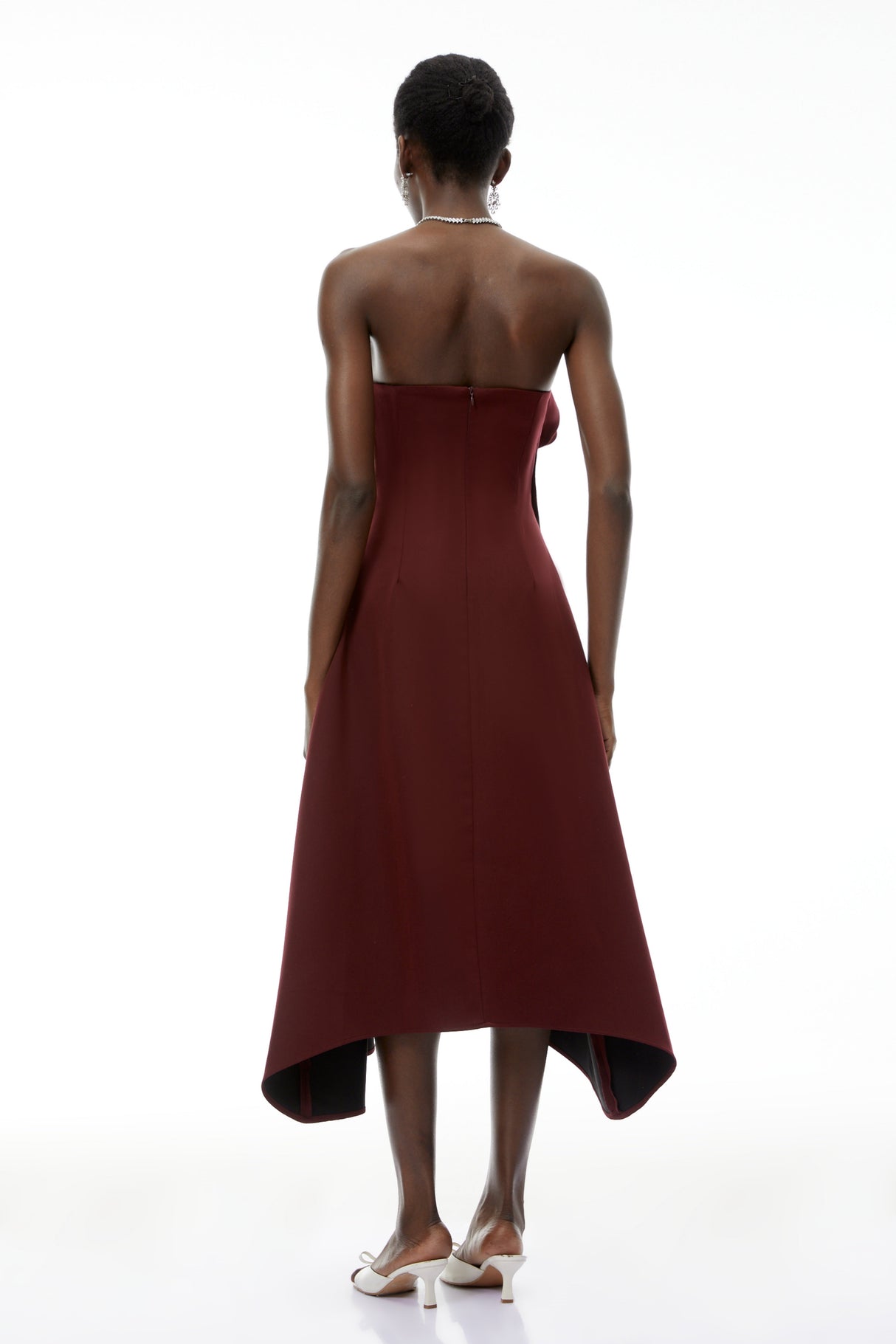 Aurohaya Annika Burgundy 3D Petal Ruched Midi Dress