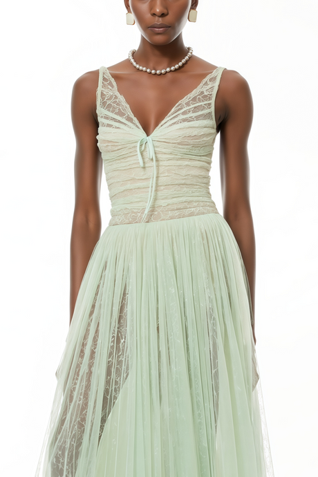 Aurohaya Annika Green Sequin Tulle Maxi Dress with Lace Panels