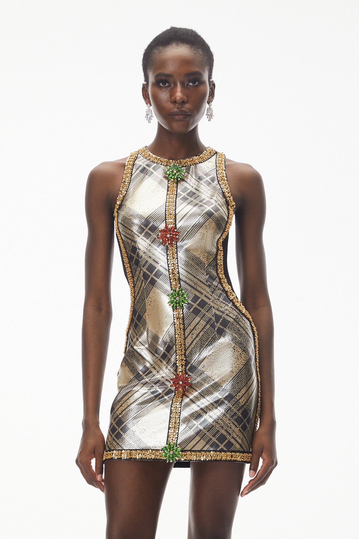Aurohaya Anthea Gold Metallic Check Off Shoulder Mini Dress