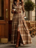 Retro Lapel Plaid Single-Breasted Maxi Dress