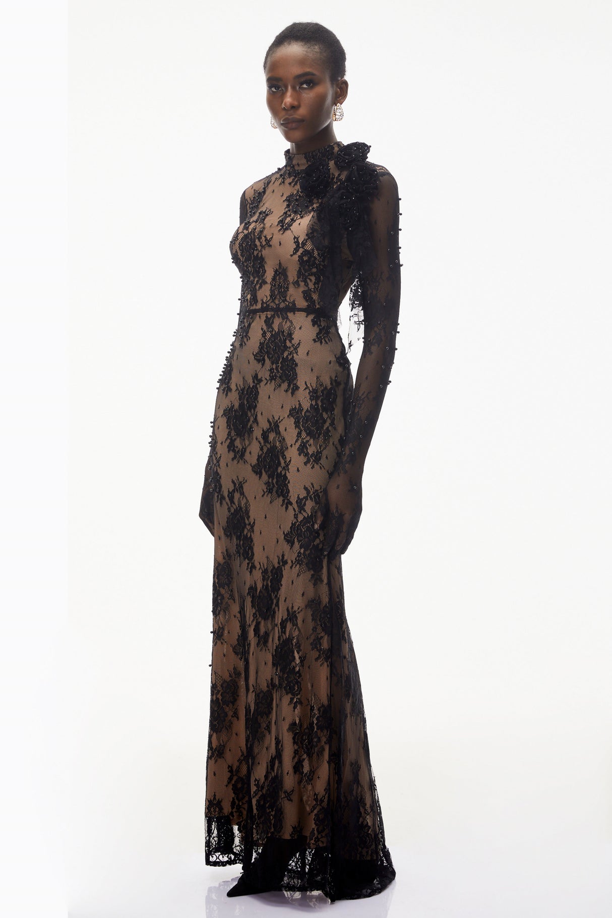 Aurohaya Arabella Black Mock Neck Sequin Lace Maxi Dress