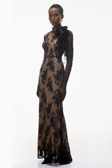 Aurohaya Arabella Black Mock Neck Sequin Lace Maxi Dress