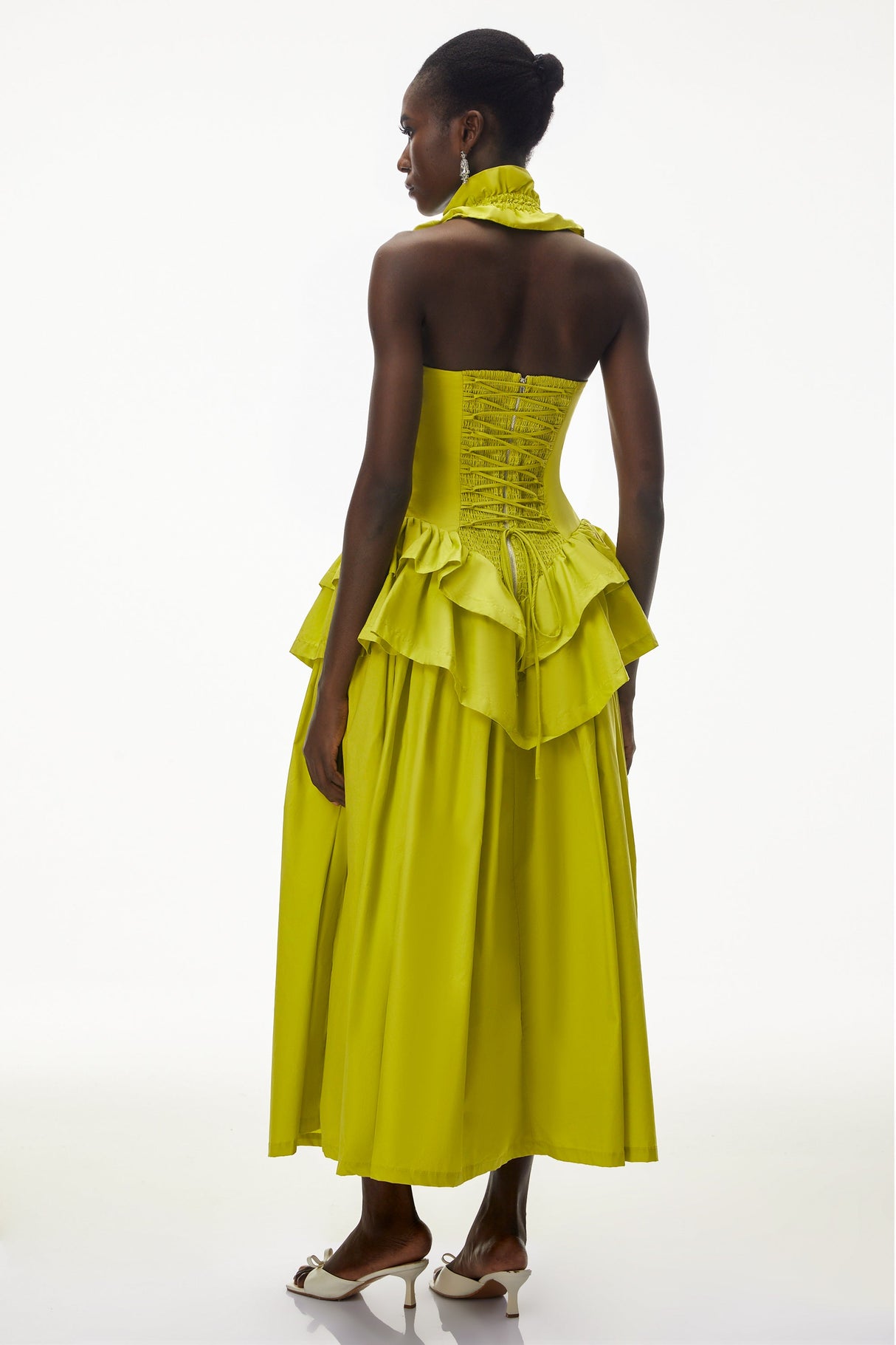 Aurohaya Arezoo Green Mock Neck Ruffled Midi Dress