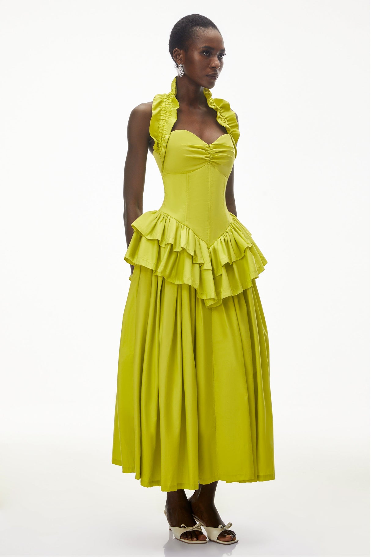 Aurohaya Arezoo Green Mock Neck Ruffled Midi Dress