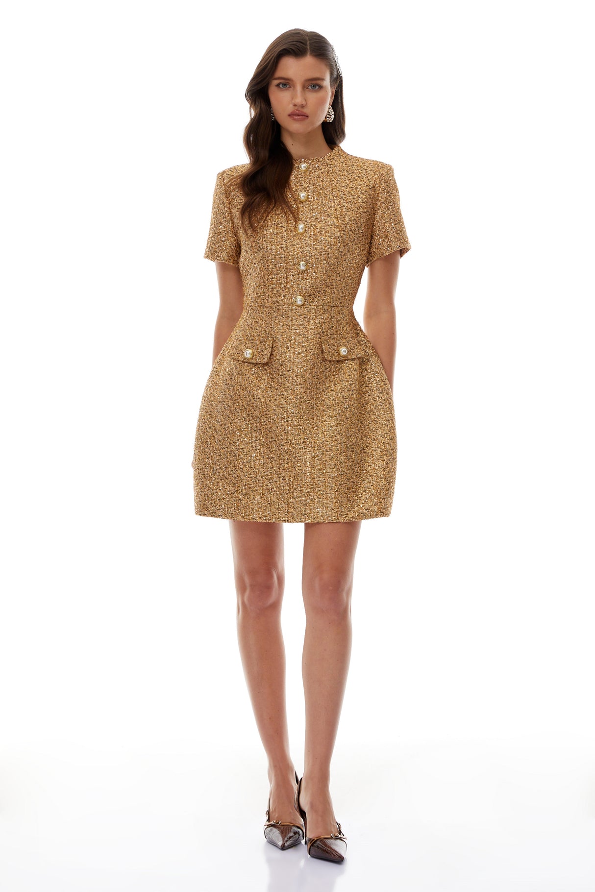 Aurohaya Arna Gold Round Neck Tweed Mini Dress