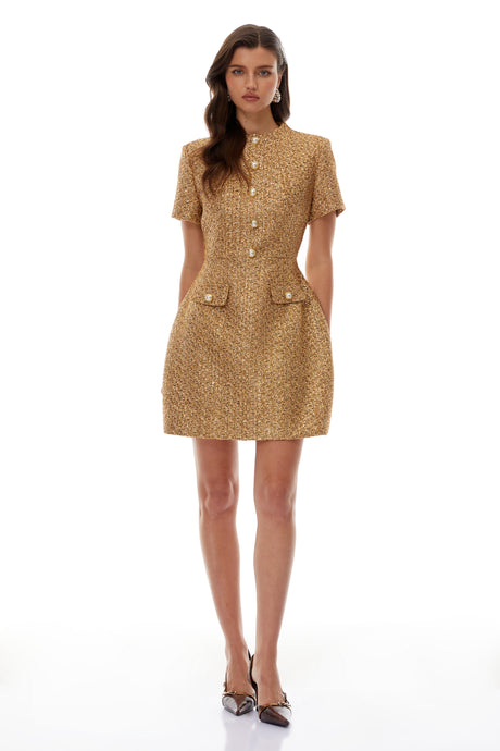 Aurohaya Arna Gold Round Neck Tweed Mini Dress