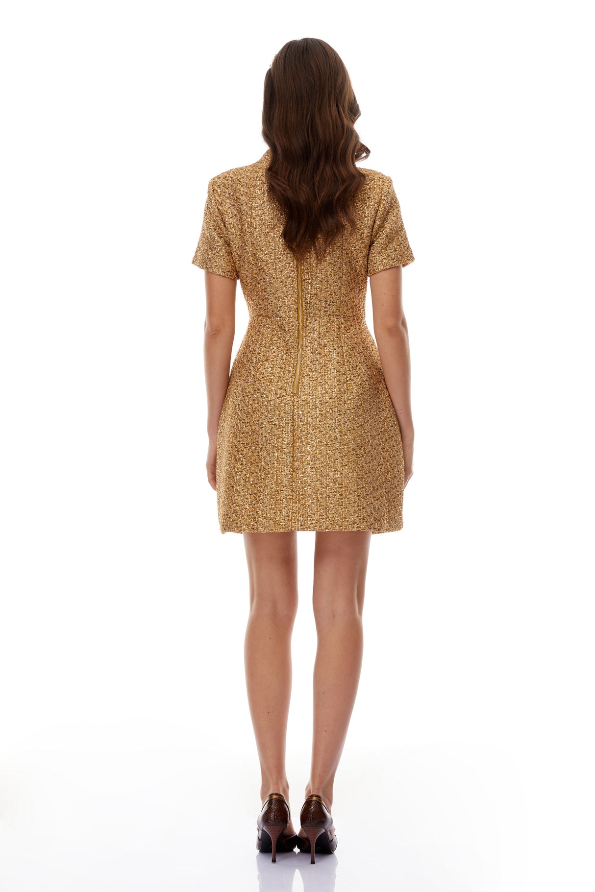 Aurohaya Arna Gold Round Neck Tweed Mini Dress
