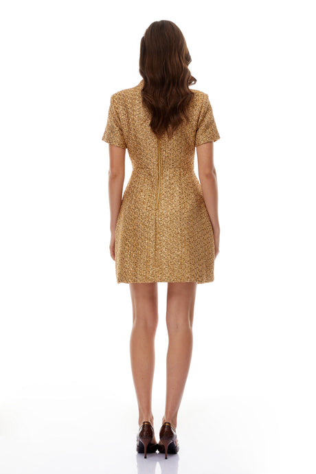 Aurohaya Arna Gold Round Neck Tweed Mini Dress