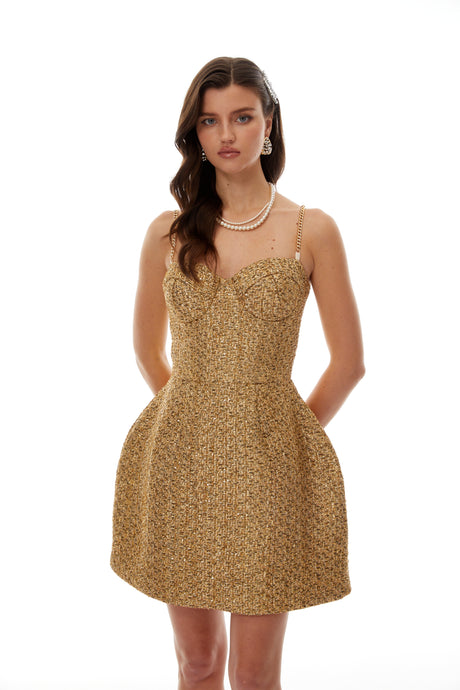 Aurohaya Arna Gold Sweetheart Neckline Tweed Mini Dress