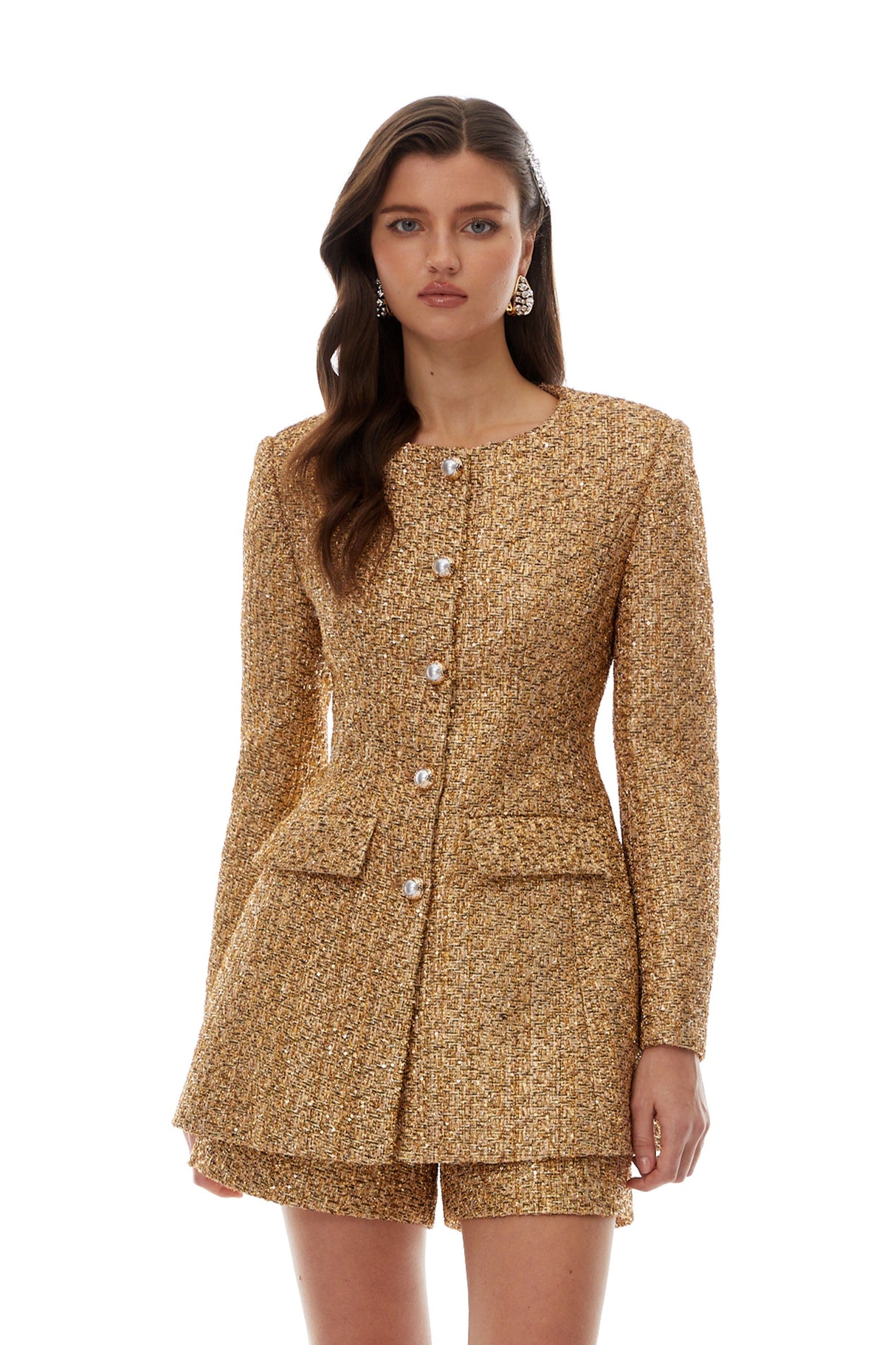Aurohaya Arna Gold Tweed Mini Blazer Dress & Shorts Set