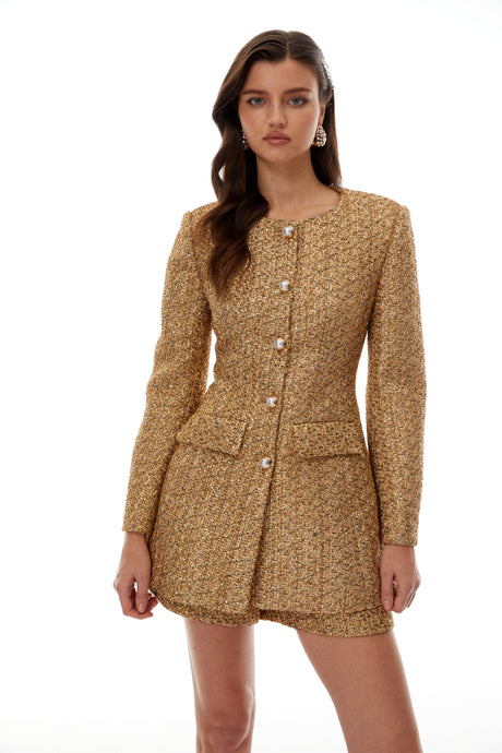 Aurohaya Arna Gold Tweed Mini Blazer Dress & Shorts Set