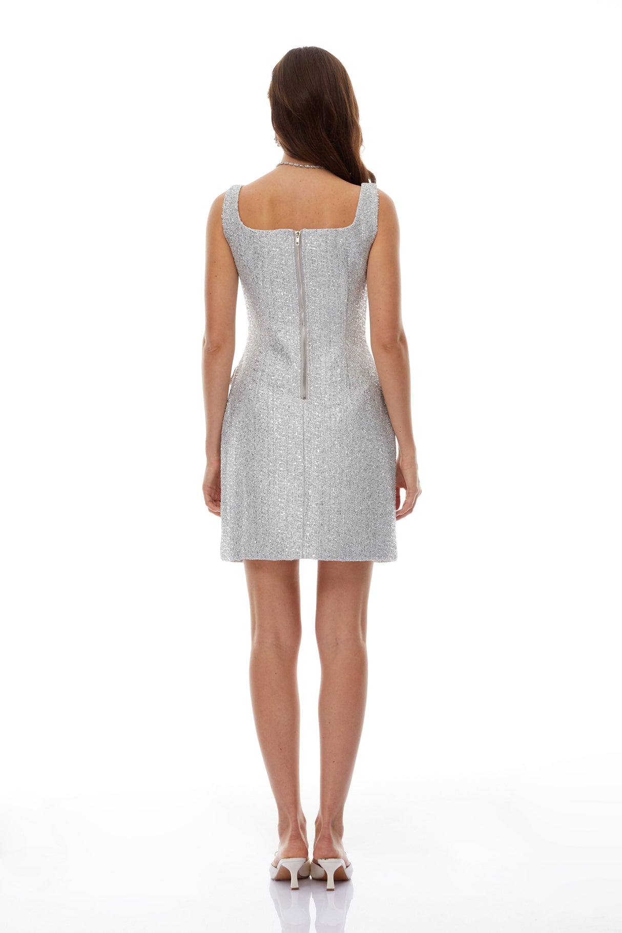 Aurohaya Arna Silver Square Neck Tweed Mini Dress