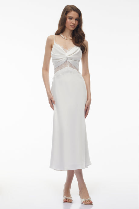 Aurohaya Astarte White Floral Lace Twist Midi Dress