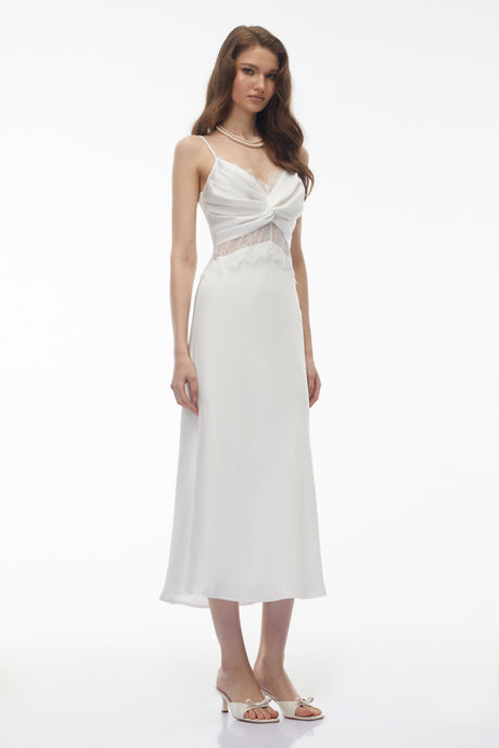 Aurohaya Astarte White Floral Lace Twist Midi Dress