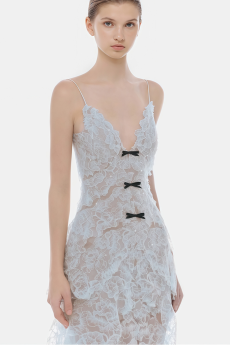 Aurohaya Atousa Blue Layered Floral Lace Maxi Dress with Bow