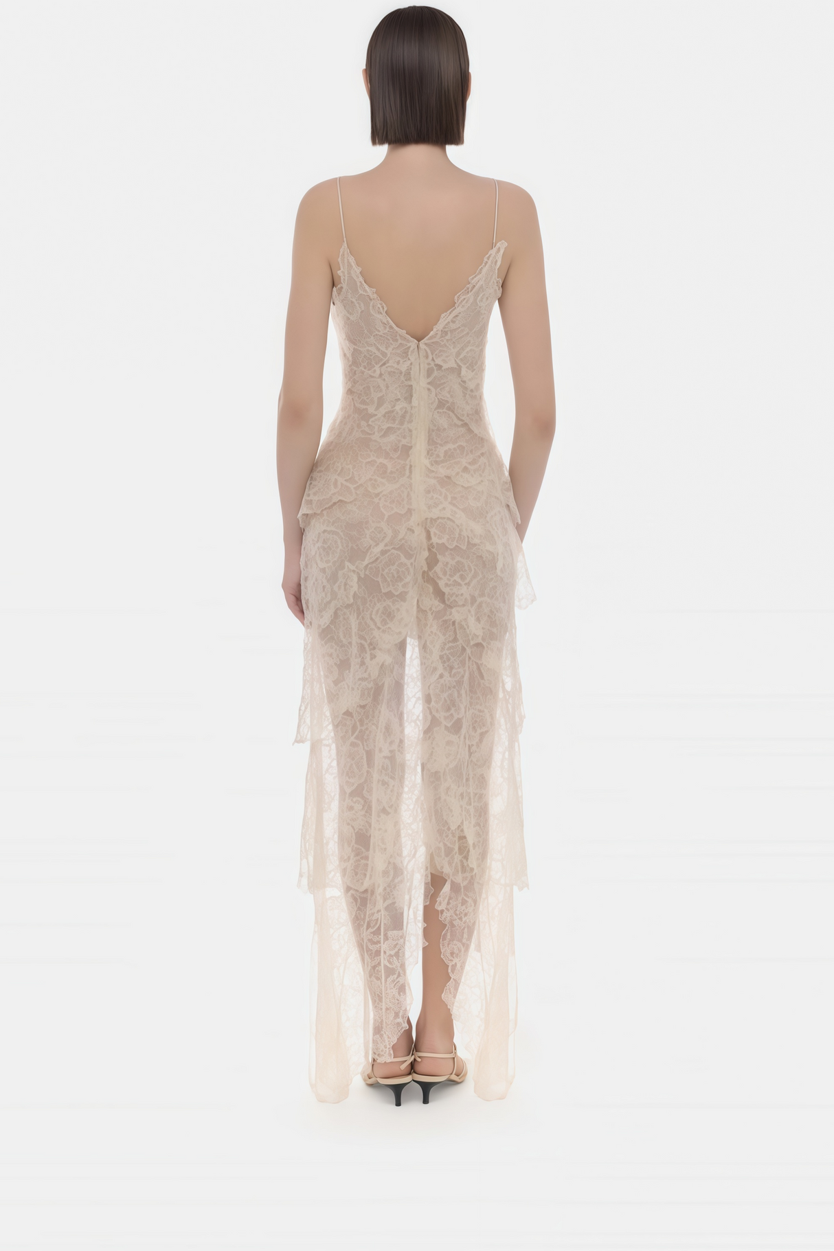 Aurohaya Atousa Cream Layered Floral Lace Maxi Dress with Bow