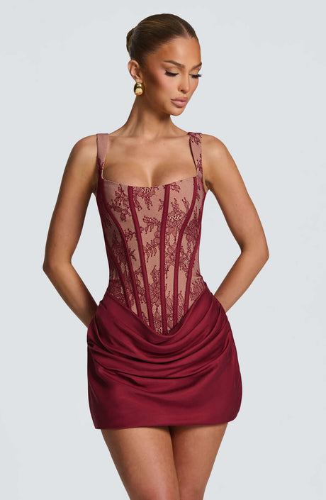 Aurohaya Aurelia Square-Neck Boned Mini Dress Burgundy