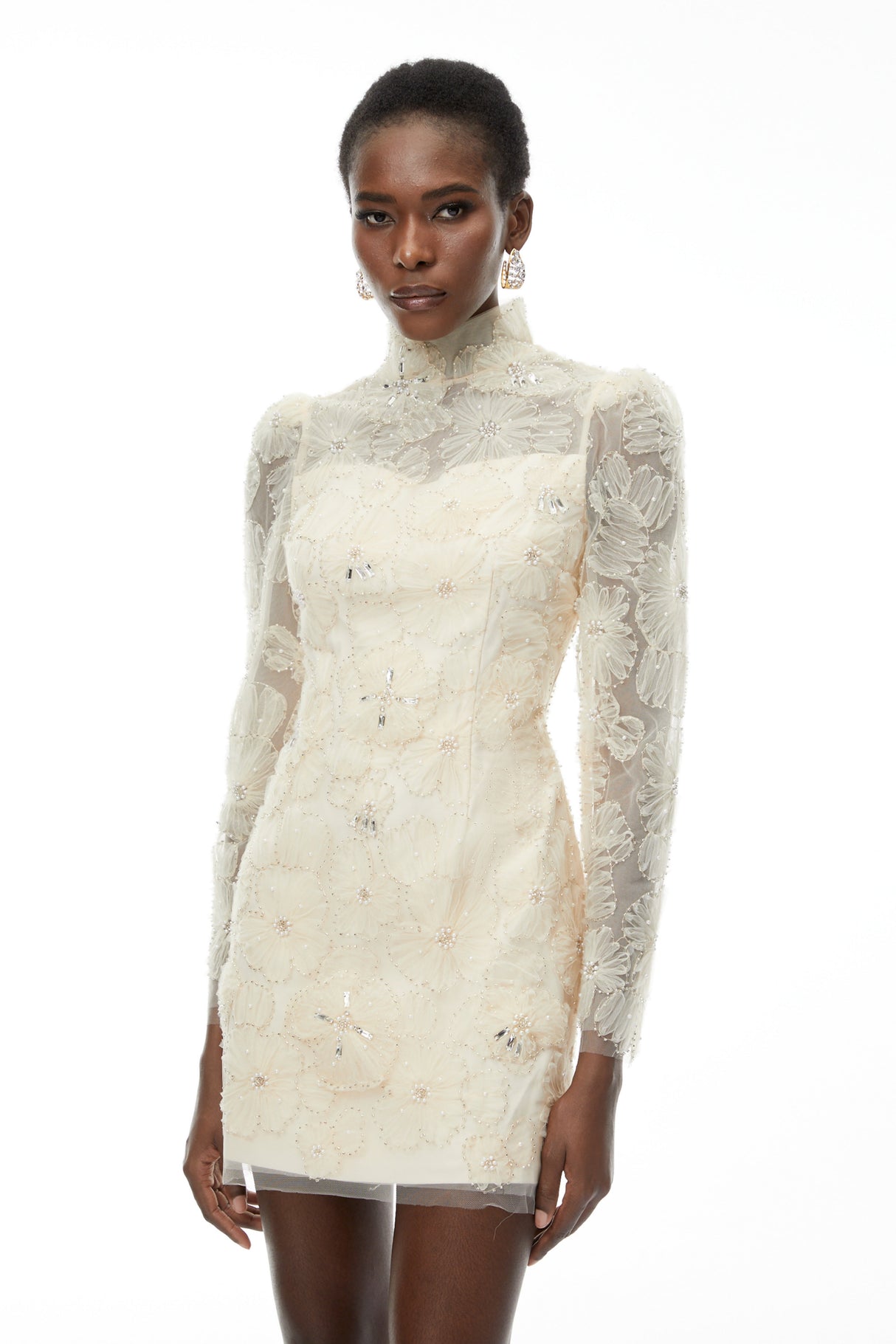 Aurohaya Aurélie Neutral Lace Embroidered Mini Dress