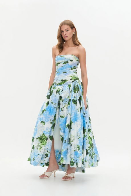 Aurohaya Jeanne Blue Hydrangea Floral Strapless Maxi Dress