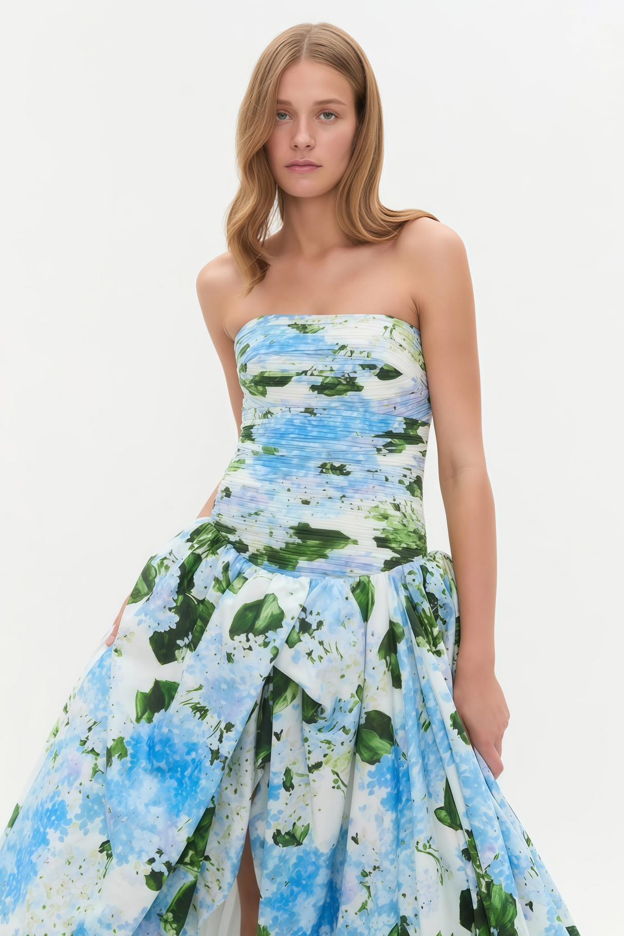 Aurohaya Jeanne Hydrangea Floral Strapless Maxi Dress