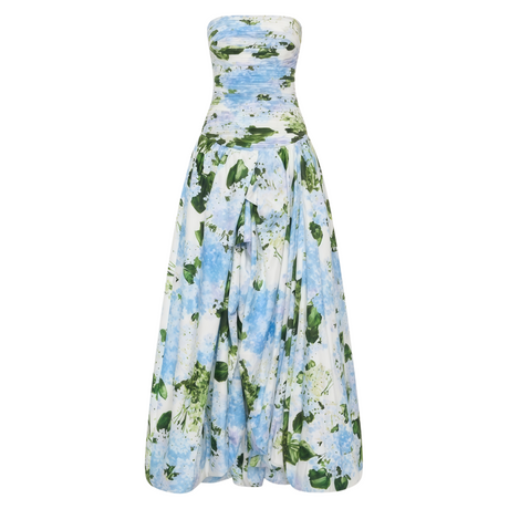 Aurohaya Jeanne Blue Hydrangea Floral Strapless Maxi Dress Blue