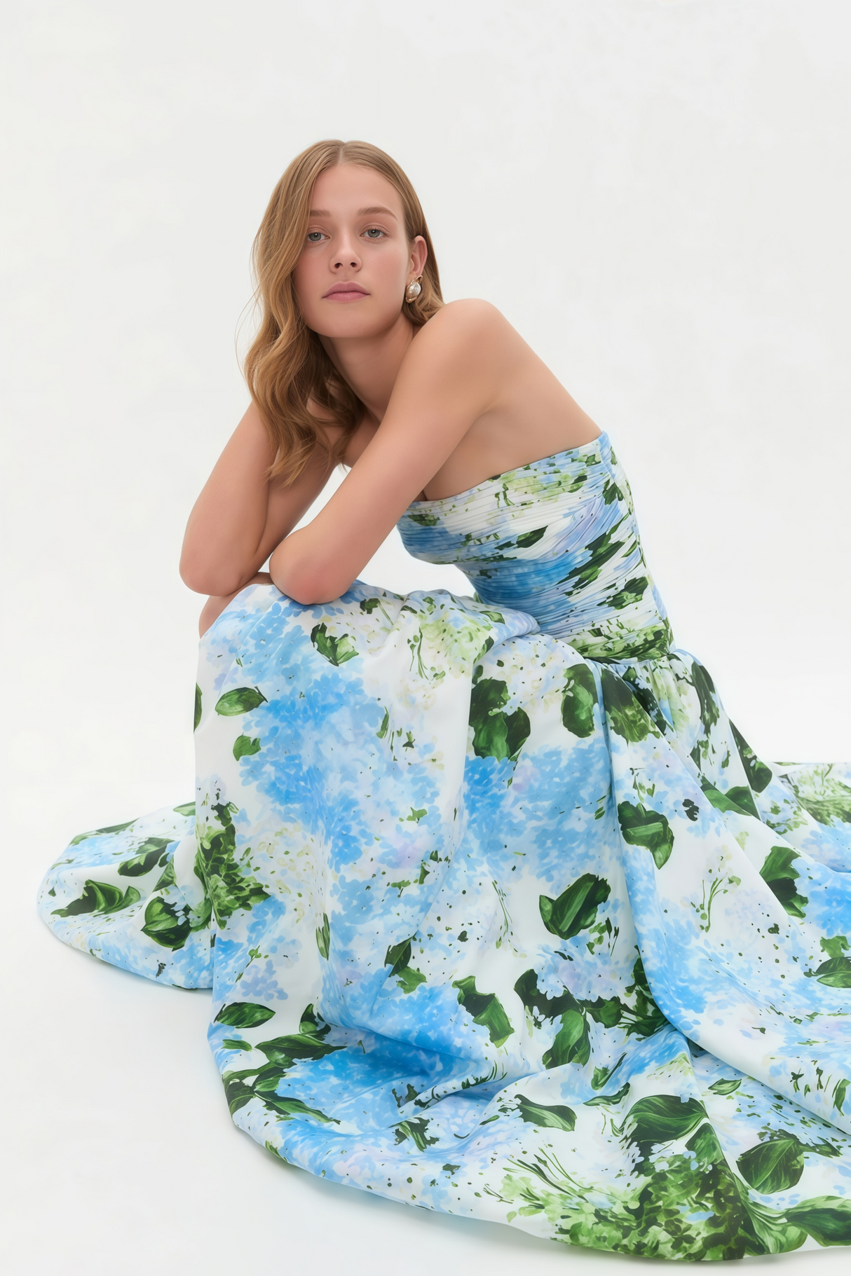 Aurohaya Jeanne Hydrangea Floral Strapless Maxi Dress