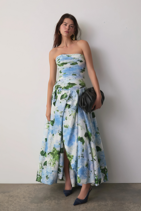 Aurohaya Jeanne Blue Hydrangea Floral Strapless Maxi Dress