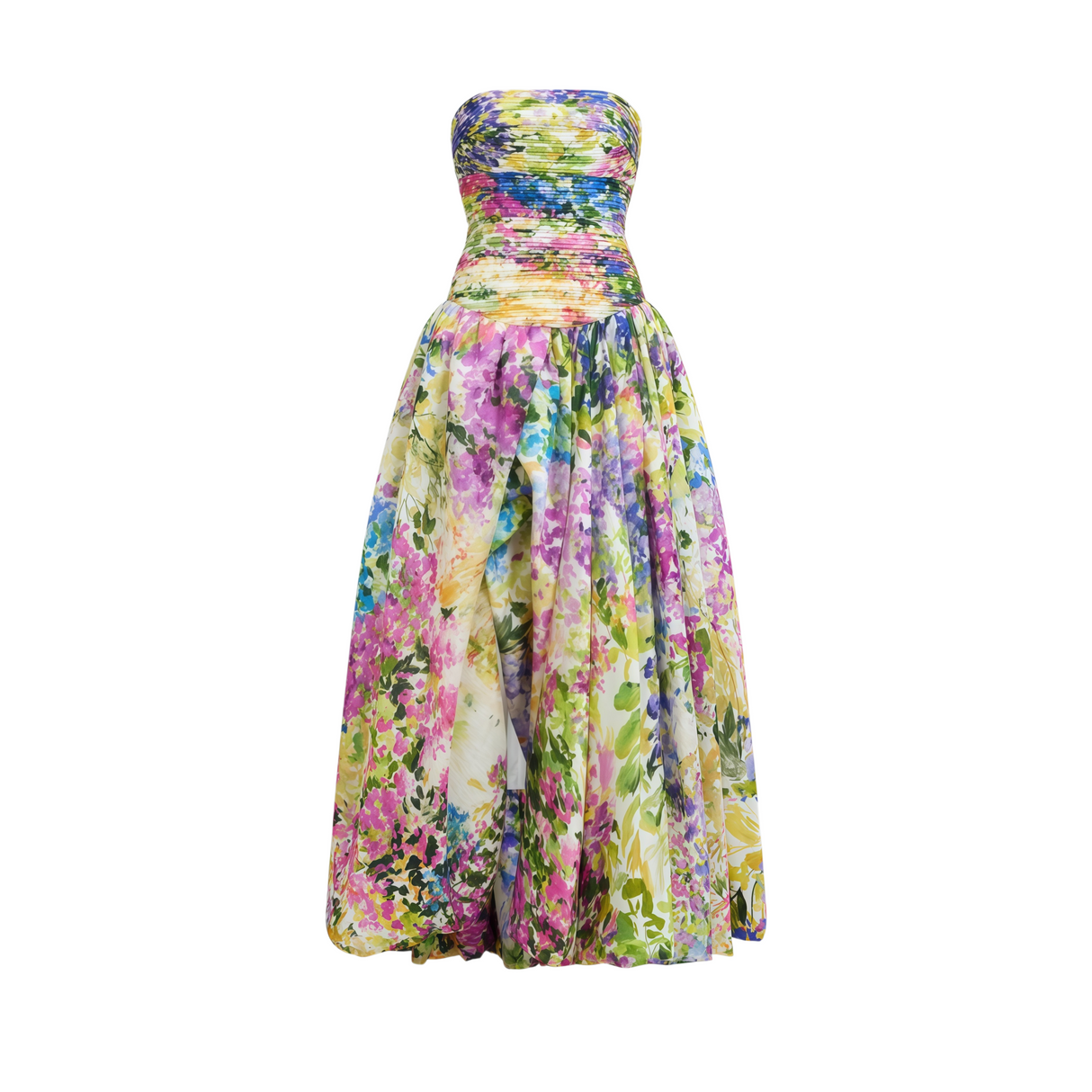 Aurohaya Jeanne Multicolour Hydrangea Floral Strapless Maxi Dress Green