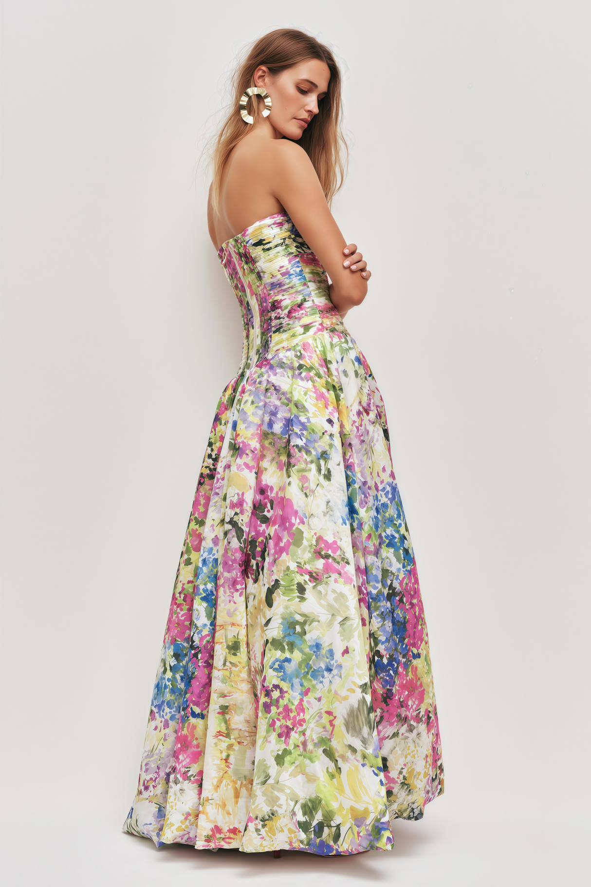 Aurohaya Jeanne Multicolour Hydrangea Floral Strapless Maxi Dress