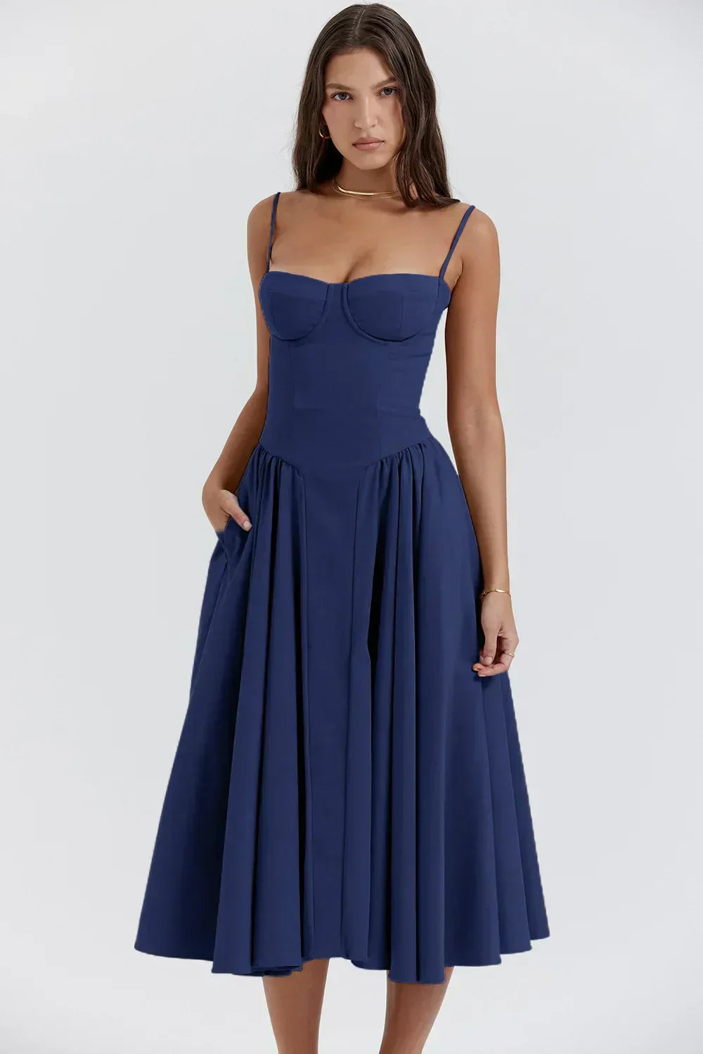Aurohaya Orlane Corset Midi Dress Navy