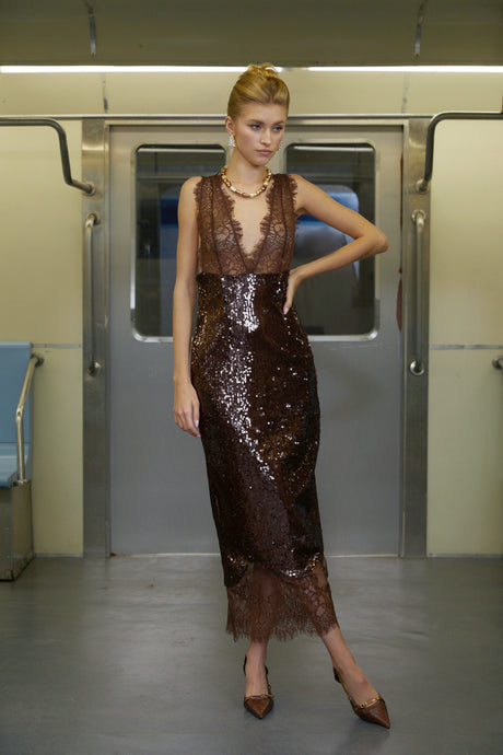 Aurohaya Ava Brown Lace Panel Sequined Maxi Dress
