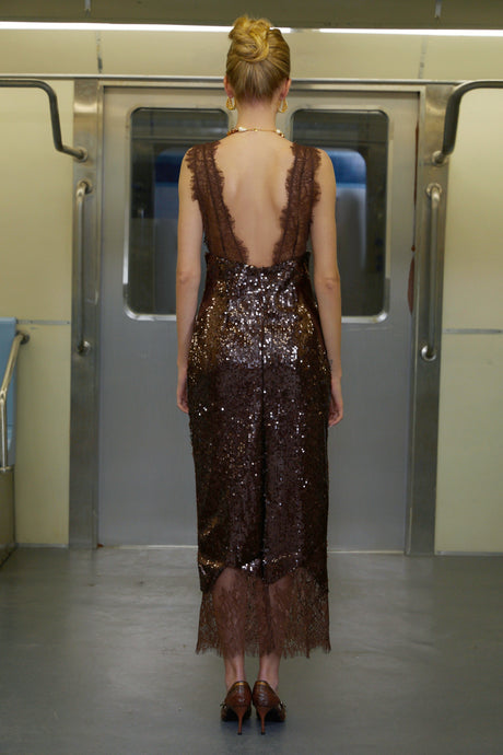 Aurohaya Ava Brown Lace Panel Sequined Maxi Dress