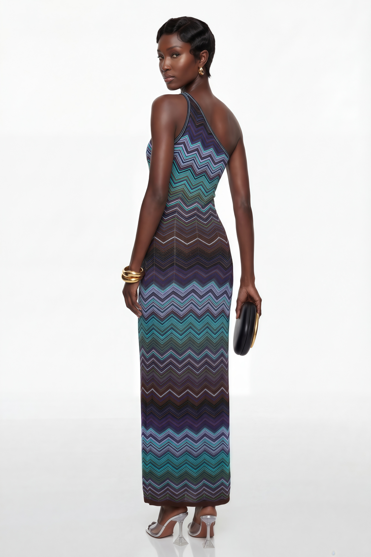 Aurohaya Avery Blue Knit Maxi Dress with Wave Pattern