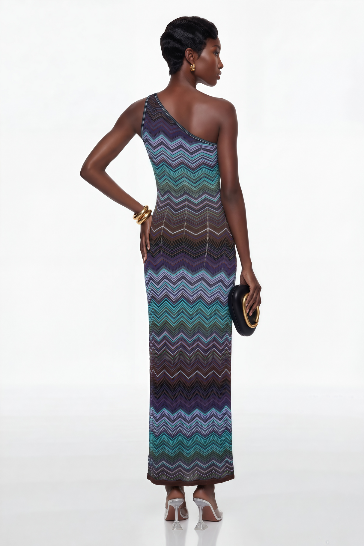 Aurohaya Avery Blue Knit Maxi Dress with Wave Pattern