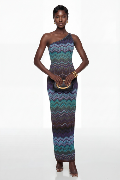 Aurohaya Avery Blue Knit Maxi Dress with Wave Pattern