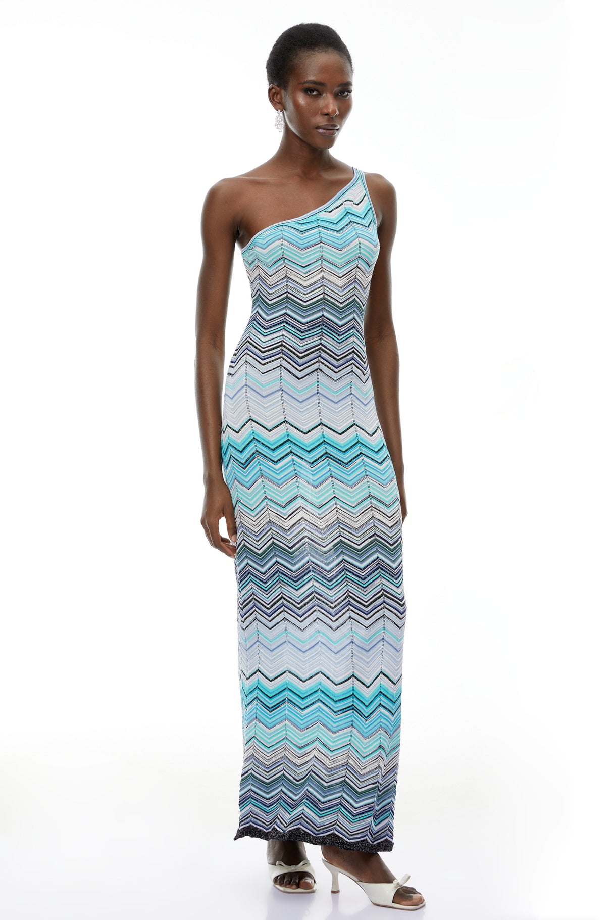 Aurohaya Avery Light Blue Knit Maxi Dress with Wave Pattern