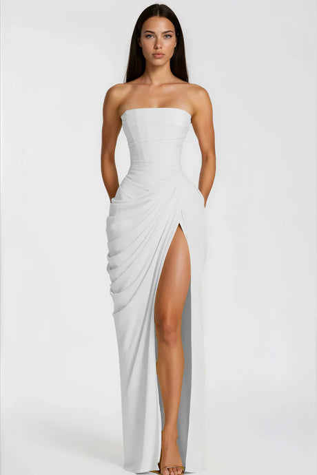 Azalée Strapless Draped High-Slit Maxi Dress / White