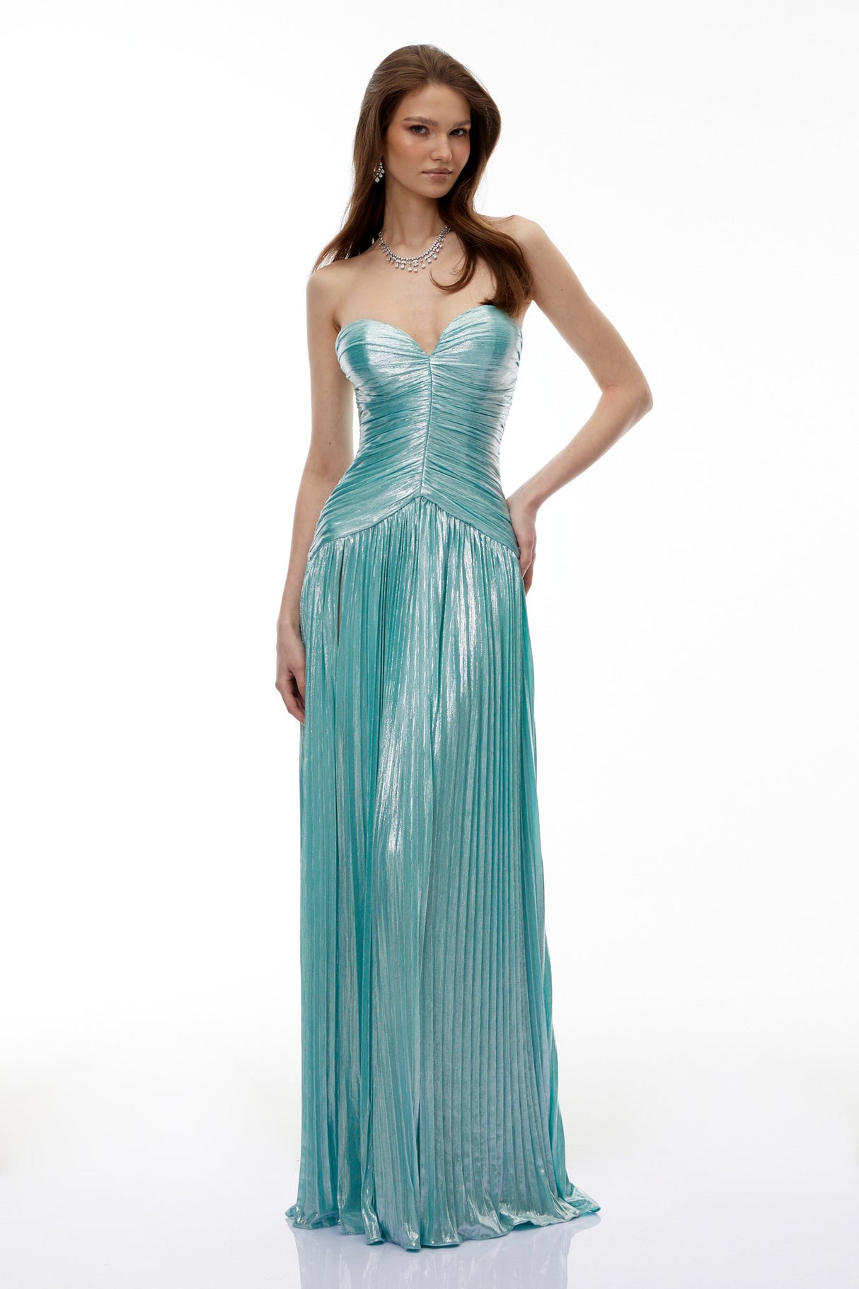 Aurohaya Azar Cobalt Blue Ruched Glossy Maxi Dress