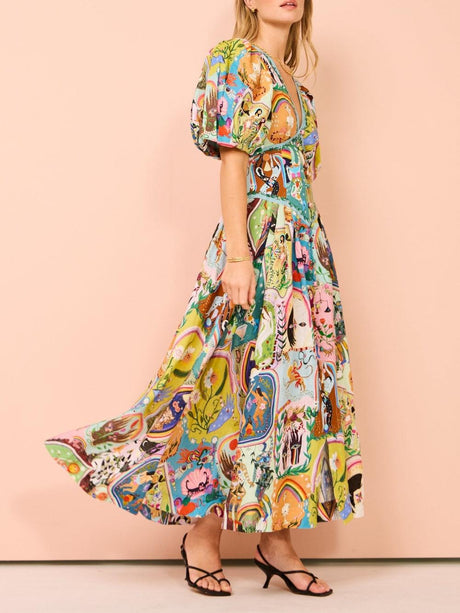 Aurohaya Casual Graffiti Evergreen Printing Midi Dress