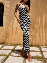 Aurohaya Summer V-Neck Striped Crochet Slit Sexy Maxi Dress Black