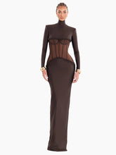 Aurohaya Laurence Mock Neck Corset Maxi Dress Brown