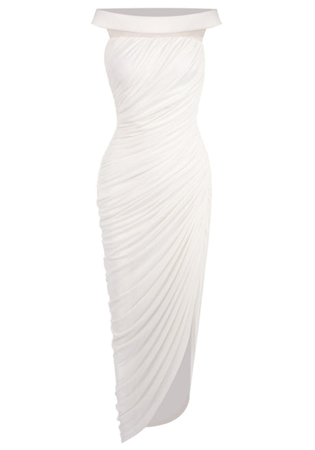 Bardot Draped Mesh Insert Maxi Dress White